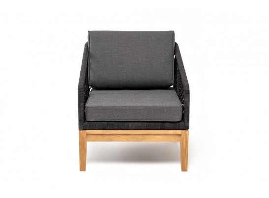 "Канны" кресло плетеное из роупа (узелки), основание дуб, роуп темно-серый круглый, ткань серая в Набережных Челнах