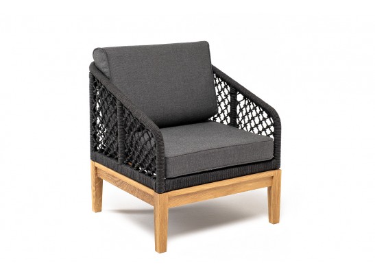 "Канны" кресло плетеное из роупа (узелки), основание дуб, роуп темно-серый круглый, ткань серая в Набережных Челнах