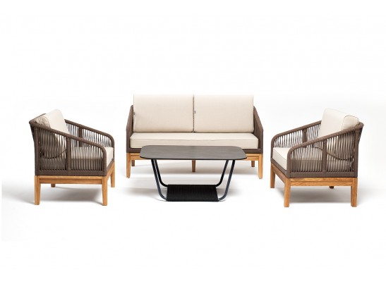 "Канны" лаунж-зона 4-местная из роупа со столом "Гранада" (серый гранит), основание дуб, роуп коричневый, ткань бежевая в Набережных Челнах