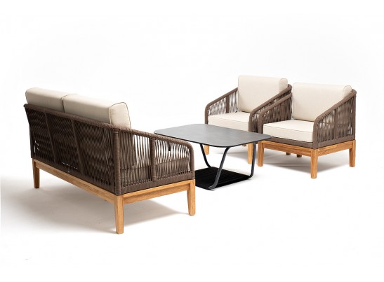 "Канны" лаунж-зона 4-местная из роупа со столом "Гранада" (серый гранит), основание дуб, роуп коричневый, ткань бежевая в Набережных Челнах