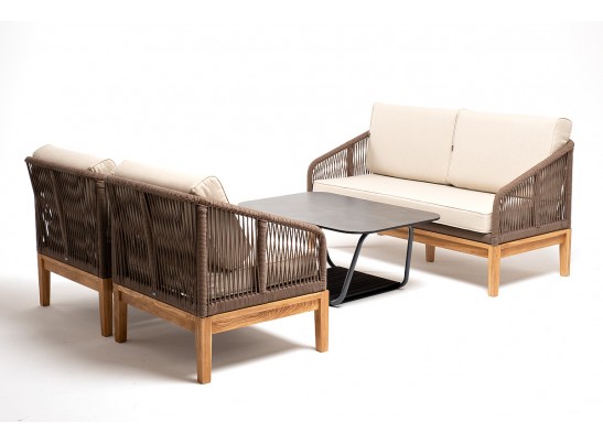 "Канны" лаунж-зона 4-местная из роупа со столом "Гранада" (серый гранит), основание дуб, роуп коричневый, ткань бежевая в Набережных Челнах