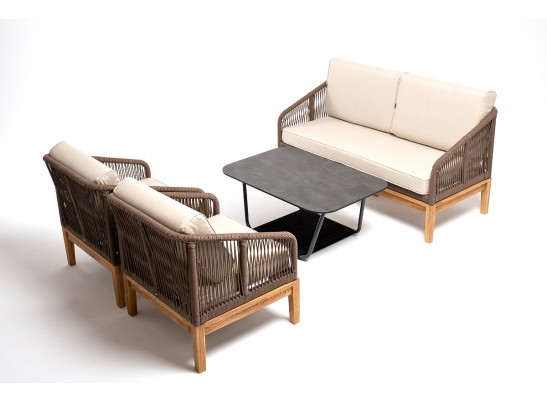 "Канны" лаунж-зона 4-местная из роупа со столом "Гранада" (серый гранит), основание дуб, роуп коричневый, ткань бежевая в Набережных Челнах