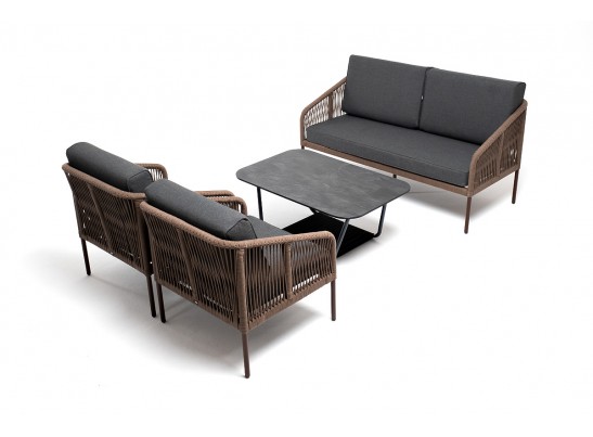 "Канны" лаунж-зона 4-местная из роупа со столом "Верона" (серый гранит), каркас алюминиевый коричневый, роуп коричневый в Набережных Челнах