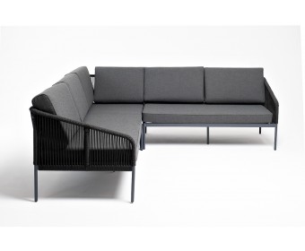"Канны" угловой модульный диван из роупа (веревки), каркас алюминий темно-серый, роуп темно-серый, ткань темно-серая