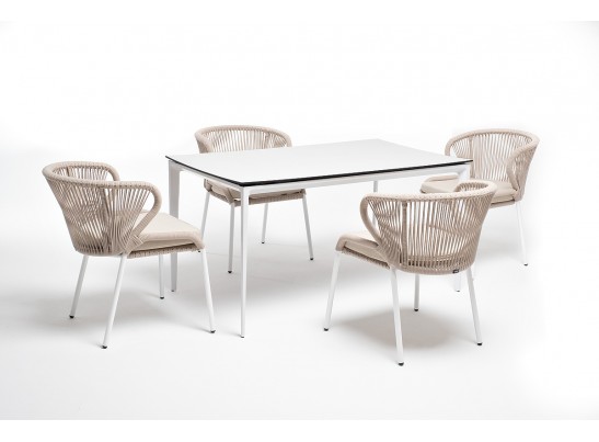 "Малага" обеденная группа на 4 персоны со стульями "Милан", каркас белый, роуп бежевый в Набережных Челнах