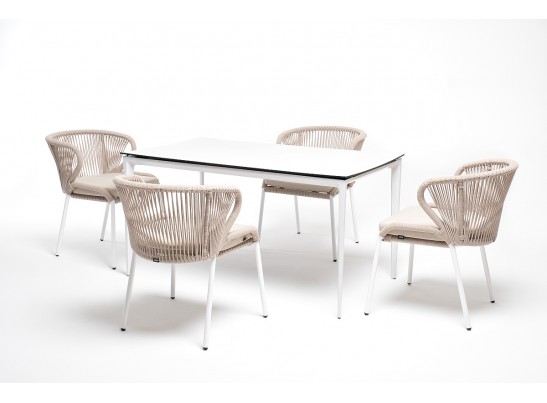 "Малага" обеденная группа на 4 персоны со стульями "Милан", каркас белый, роуп бежевый в Набережных Челнах