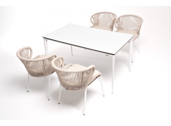 "Малага" обеденная группа на 4 персоны со стульями "Милан", каркас белый, роуп бежевый в Набережных Челнах