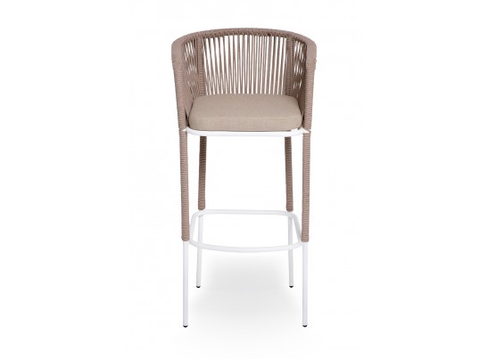 "Марсель" стул барный плетеный из роупа, каркас из стали белый муар, роуп бежевый круглый, ткань бежевая 052 в Набережных Челнах