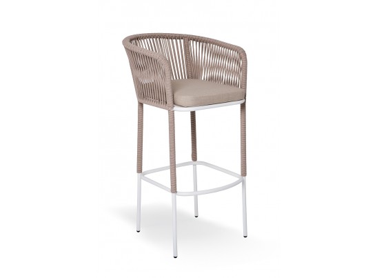 "Марсель" стул барный плетеный из роупа, каркас из стали белый муар, роуп бежевый круглый, ткань бежевая 052 в Набережных Челнах