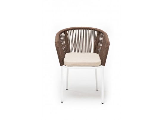 "Марсель" стул плетеный из роупа, каркас алюминий белый муар, роуп коричневый круглый, ткань бежевая 052 в Набережных Челнах