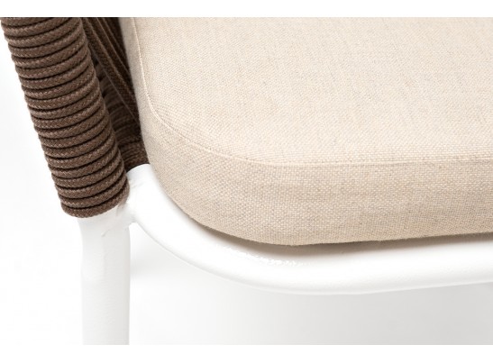 "Марсель" стул плетеный из роупа, каркас алюминий белый муар, роуп коричневый круглый, ткань бежевая 052 в Набережных Челнах