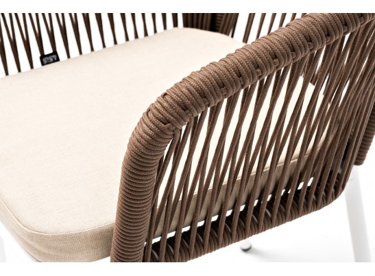 "Марсель" стул плетеный из роупа, каркас алюминий белый муар, роуп коричневый круглый, ткань бежевая 052 в Набережных Челнах