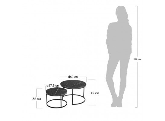 Набор кофейных столиков Tango серый мрамор с чёрными ножками, 2шт в Набережных Челнах