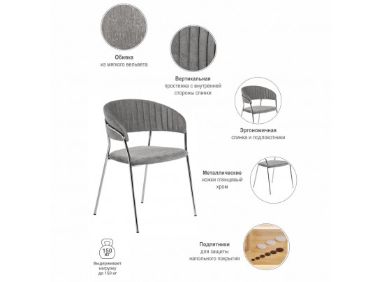 Комплект из 2-х стульев Turin серый вельвет с хромированными ножками в Набережных Челнах