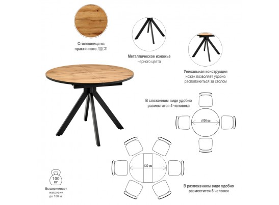 Стол Rudolf круглый раскладной 100-130x100x75см, Дуб Вотан, чёрный в Набережных Челнах