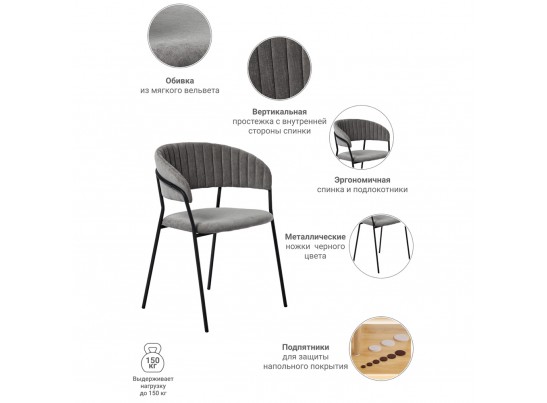 Комплект из 2-х стульев Turin серый вельвет с чёрными ножками в Набережных Челнах
