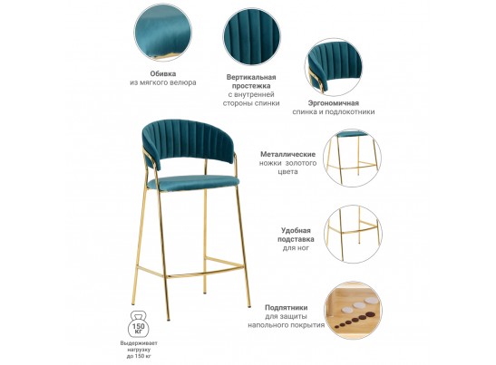 Комплект из 2-х стульев полубарных Turin бирюзовый с золотыми ножками в Набережных Челнах