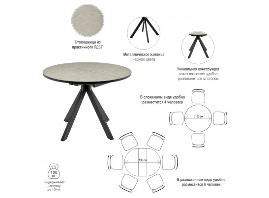 Стол Rudolf круглый раскладной 100-130x100x75см, Бетон слюда, чёрный в Набережных Челнах