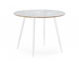 Стеклянный стол Абилин 100(140)х100х76 ультра белое стекло / дуб вотан / белый матовый