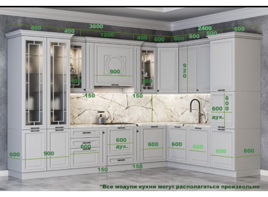 Кухня угловая Лондон (3,6*2,4 м) серый шелк