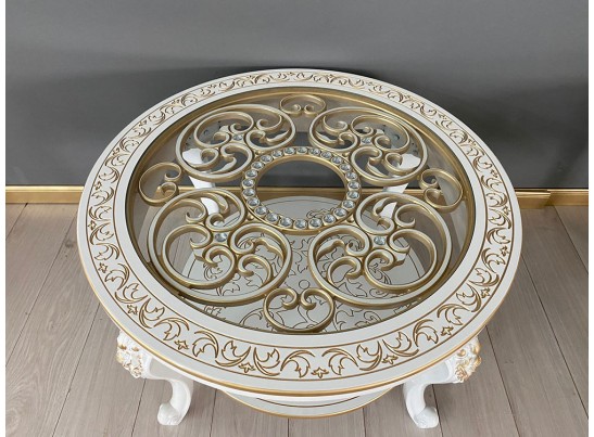Стол журнальный круглый Жасмин (белый, патина золото)