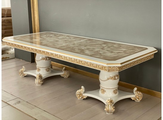 Стол обеденный раскладной Жасмин (голд мрамор, белый, патина золото)