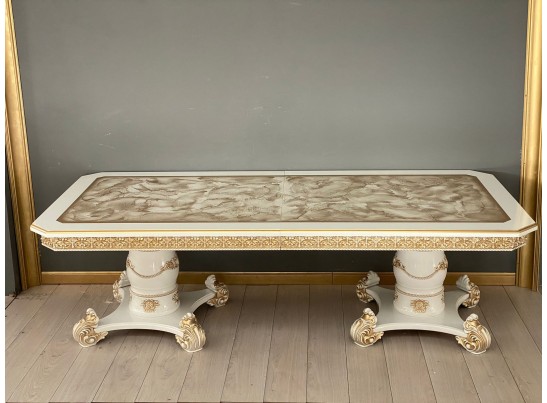 Стол обеденный раскладной Жасмин (голд мрамор, белый, патина золото)