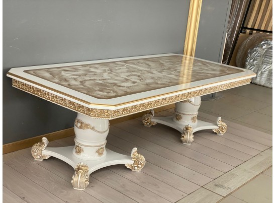 Стол обеденный раскладной Жасмин (голд мрамор, белый, патина золото)