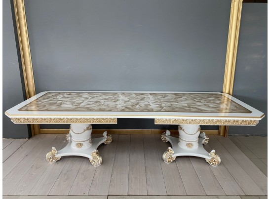 Стол обеденный раскладной Жасмин (голд мрамор, белый, патина золото)