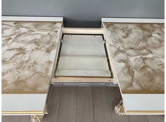 Стол обеденный раскладной Жасмин (голд мрамор, белый, патина золото)