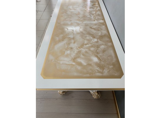 Стол обеденный раскладной Жасмин (голд мрамор, белый, патина золото)