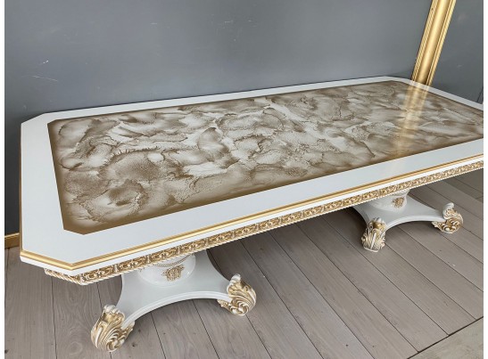 Стол обеденный раскладной Жасмин (голд мрамор, белый, патина золото)