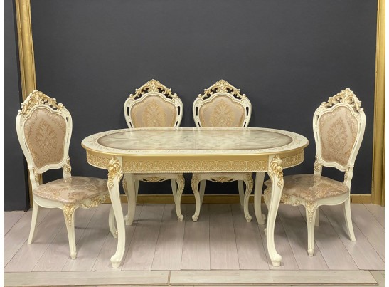 Стол овальный раскладной Розалия столешница под мрамор с молдингом (слоновая кость, патина золото)