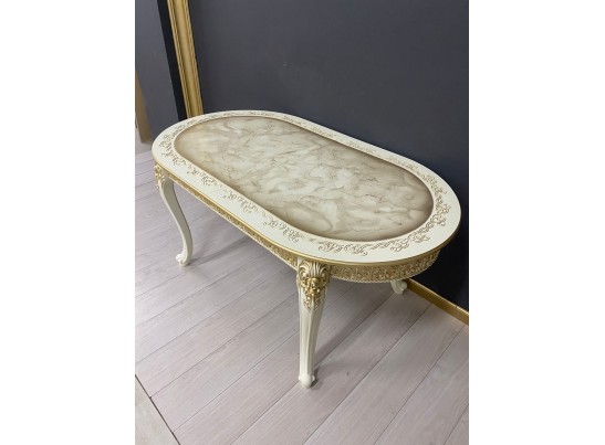 Стол овальный раскладной Розалия столешница под мрамор с молдингом (слоновая кость, патина золото)