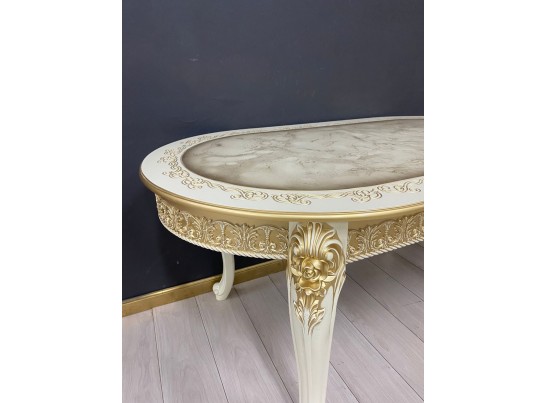Стол овальный раскладной Розалия столешница под мрамор с молдингом (слоновая кость, патина золото)