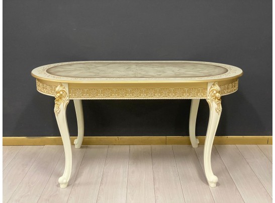 Стол овальный раскладной Розалия столешница под мрамор с молдингом (слоновая кость, патина золото)