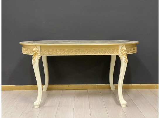 Стол овальный раскладной Розалия столешница под мрамор с молдингом (слоновая кость, патина золото)