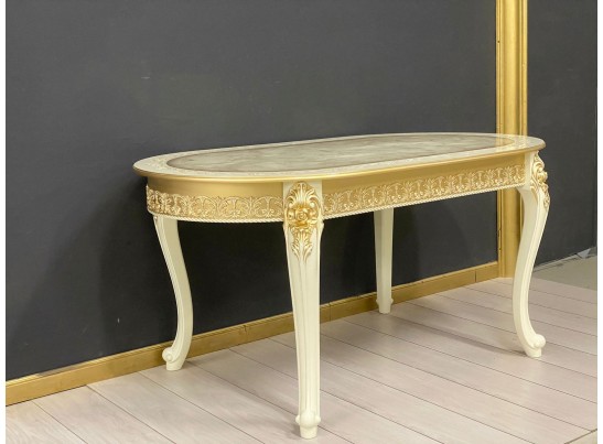 Стол овальный раскладной Розалия столешница под мрамор с молдингом (слоновая кость, патина золото)